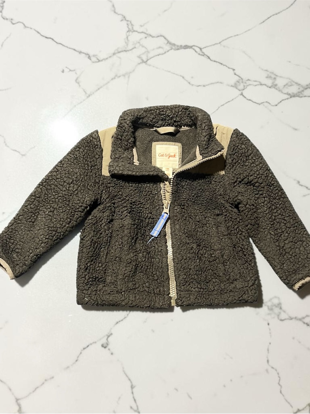 Cat & Jack Olive Green Sherpa Zip Jacket with Tan Accents